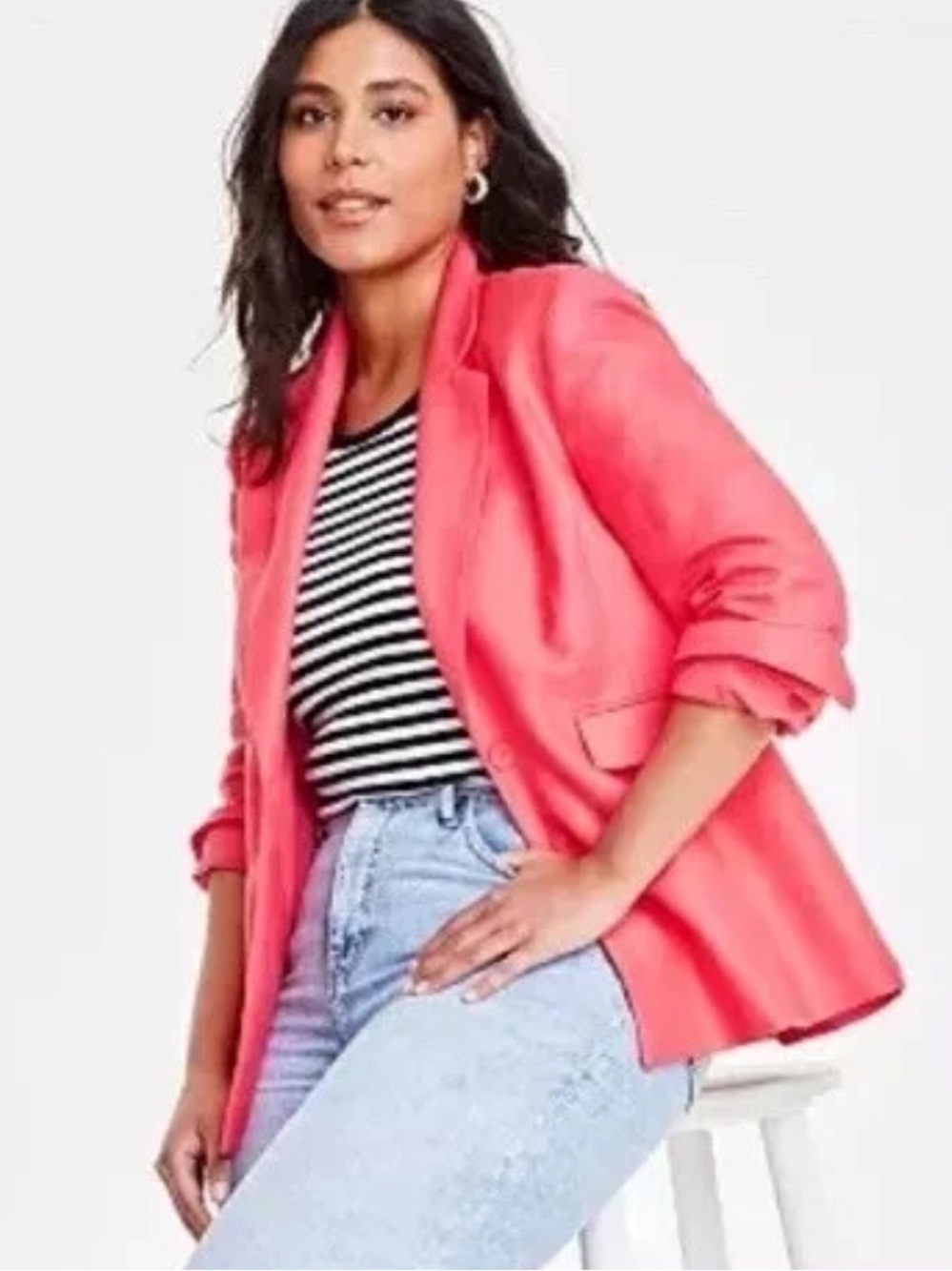 On 34th Womens Linen Blend Blazer Coral Plus Size 16W Single Button Front Jacket